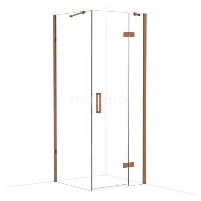 Diamond Shower enclosure | 80x80 cm Glanzend koper Clear glass Pivot door Square CDB223508410GKP Douchecabine met hoekinstap, glas en houten accenten, strak design voor moderne badkamer.