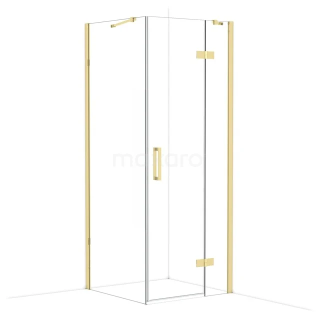 Glas Duschkabine mit goldfarbenen Details, Eckmodell ideal für das Badezimmer, entworfen mit schlankem und modernem Design.