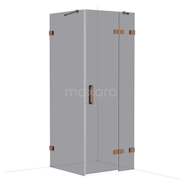 Glass shower cabin with corner entry, transparent glass and bronze hinges, perfect for a modern bathroom.