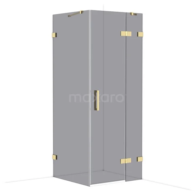 Glass shower cabin with gold-coloured hinges, corner-shaped design, ideal for a modern bathroom decor.