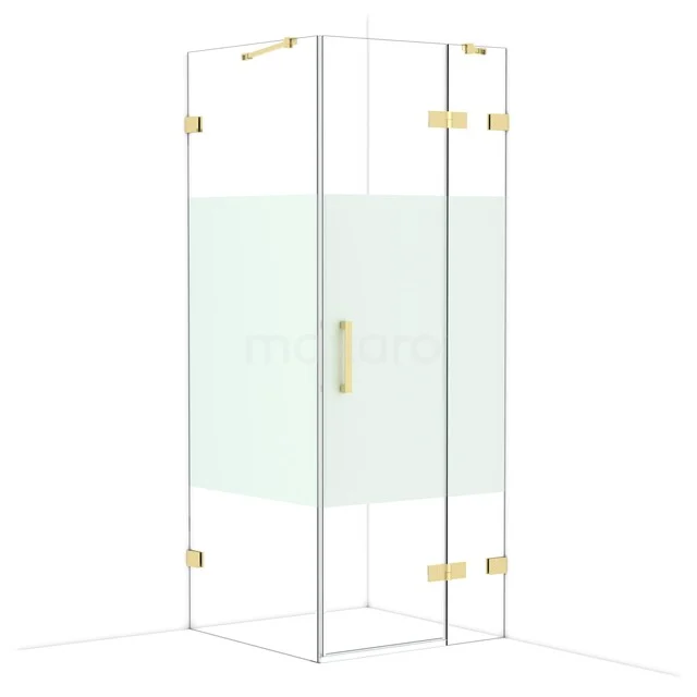 Glass shower cabin with corner entry, gold-coloured hinges and frosted glass accents, ideal for a stylish bathroom.