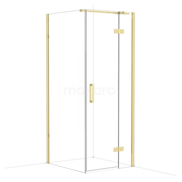 Duschkabine mit gläsernen Wänden und goldenen Akzenten, quadratisches Design, ideal für ein modernes Badezimmer.