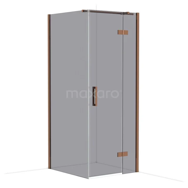Shower cabin with corner entry, clear glass, bronze-coloured profiles, ideal for a stylish modern bathroom.