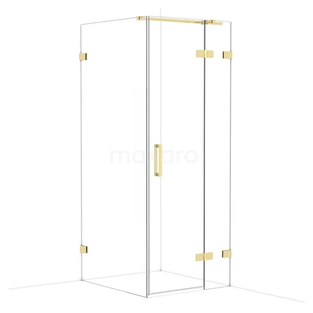 Glass shower cabin with gold details and corner design, perfect for a luxury bathroom style.