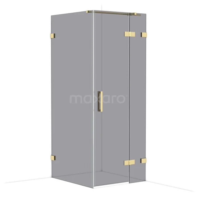 Corner shower cabin made of glass with gold-coloured fittings and a stylish handle, ideal for a luxury bathroom.