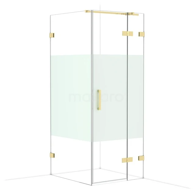 Golden glass shower cabin with frosted glass and metal accents, luxury bathroom solution for a modern look.