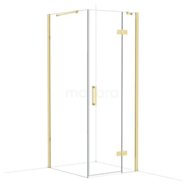 Glass shower cabin with gold-coloured edges and handle, a stylish addition to a modern bathroom decor.