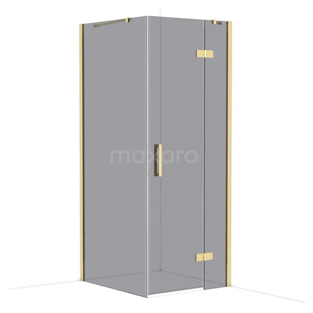 Square glass shower cabin with gold-coloured hinges and handle, ideal as a stylish bathroom solution.
