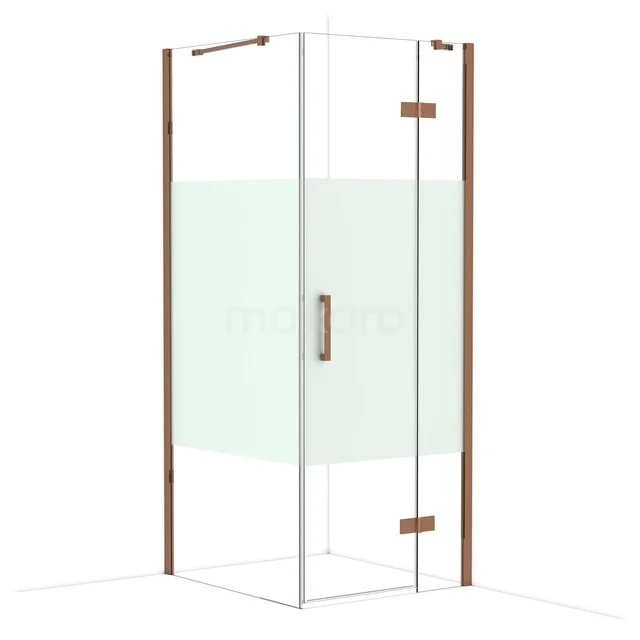 Diamond Shower cabin | 90x80 cm Shiny copper Clear with matt strip Pivot door Rectangle CDB223509413GKP Corner shower cabin with clear and frosted glass, brass details and a modern appearance, perfect for luxury bathroom renovations.
