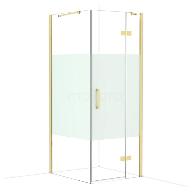 Hoekdouche met goudkleurige profielen, helder glas en mat glazen detail voor stijlvolle badkamerinrichting.