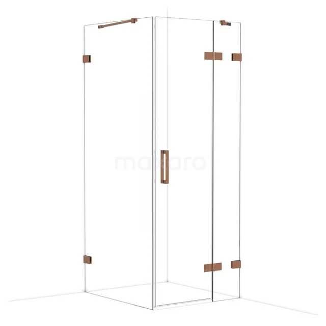 Luxe glazen douchewand met koperkleurige scharnieren, modern design geschikt voor een stijlvolle badkamer inrichting.