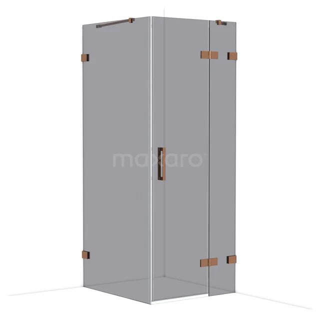 Square glass shower cabin, with bronze hinges and handle, a stylish addition to a modern bathroom.