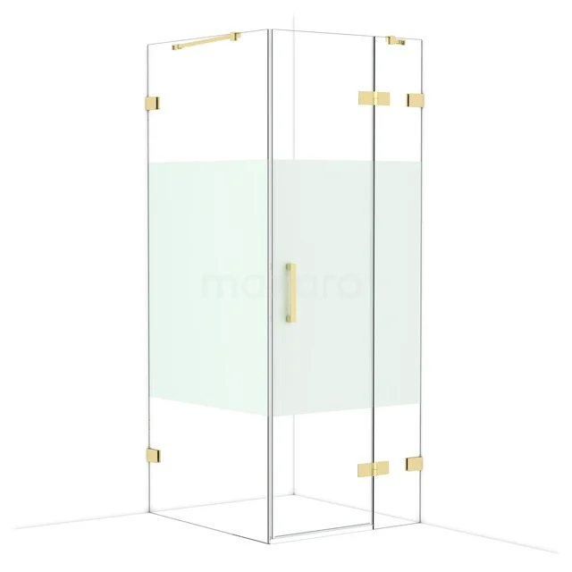 Glass shower cabin with gold-coloured hinges and frosted glass detail, perfect for a stylish bathroom.