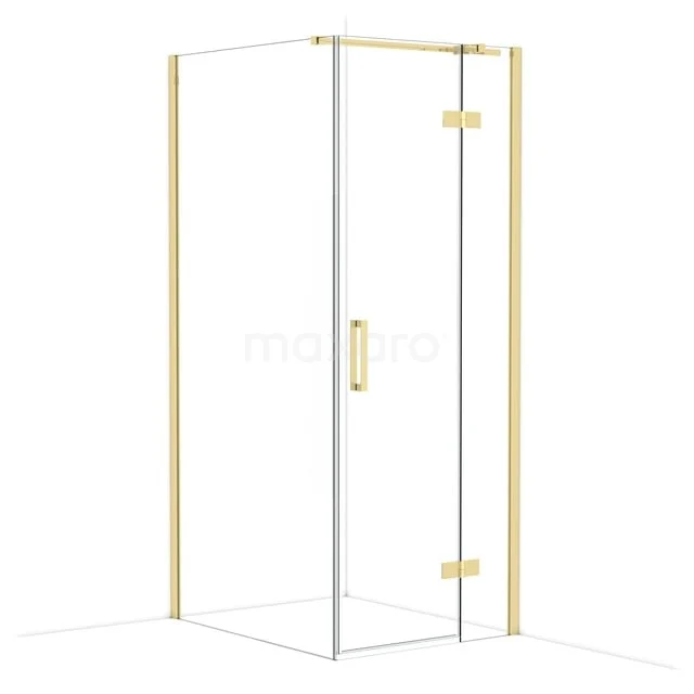 Goldfarbene Duschkabine mit Glaswänden und Tür, modernes Design, perfekt für eine luxuriöse Badezimmer Einrichtung.