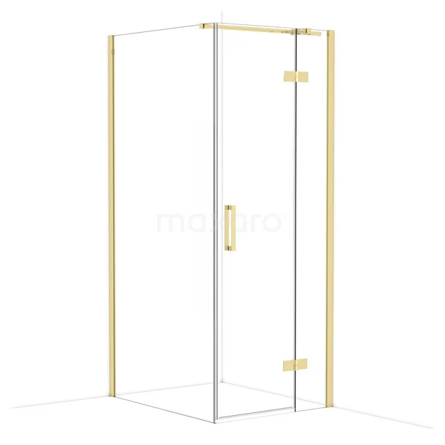 Goldfarbene Duschkabine mit Glaswänden und Tür, modernes Design, perfekt für eine luxuriöse Badezimmer Einrichtung.