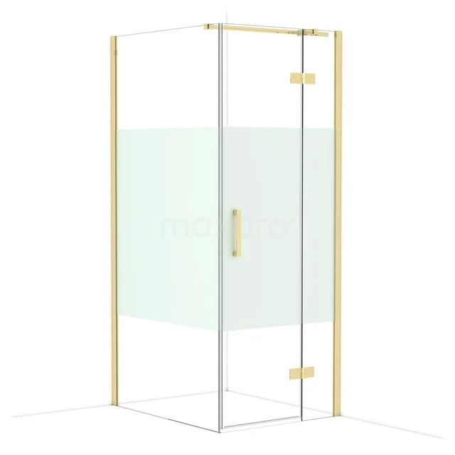 Diamond Shower enclosure | 100x80 cm Glossy light gold Clear with matt strip Pivot door Rectangle CDB223510313GLG Gouden vierkante douchecabine met helder glas, mat wit paneel en stijlvolle messing accenten voor een moderne badkamer.