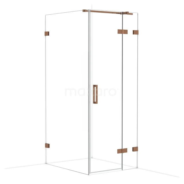 Shower cabin with clear glass, copper-coloured details and luxurious finish, perfect for a modern bathroom style.