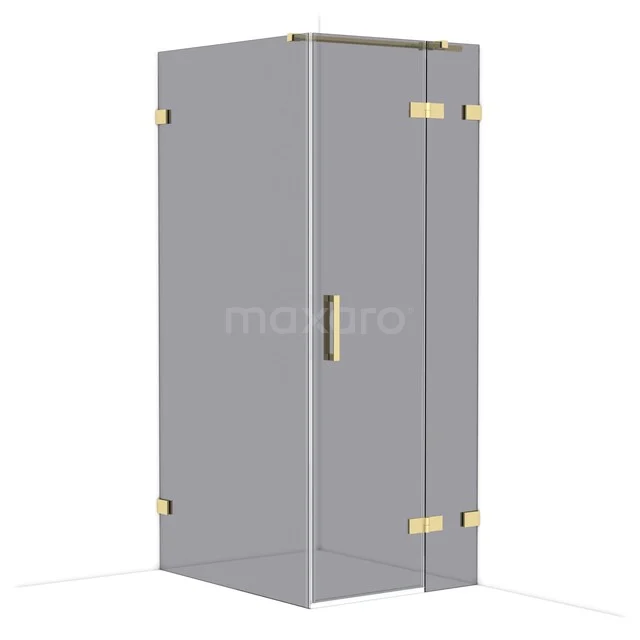 Glass shower cabin with gold hinges, sleek design and square shape, perfect for a modern bathroom.