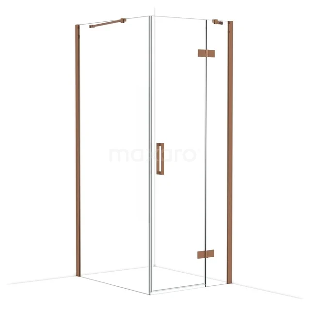 Glass shower wall with corner door, copper-coloured finish and minimalist design; ideal for a modern bathroom.