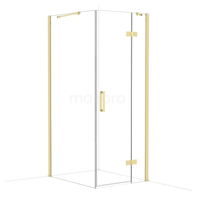Glass shower cabin with gold details and sleek lines, perfect for a modern bathroom design.