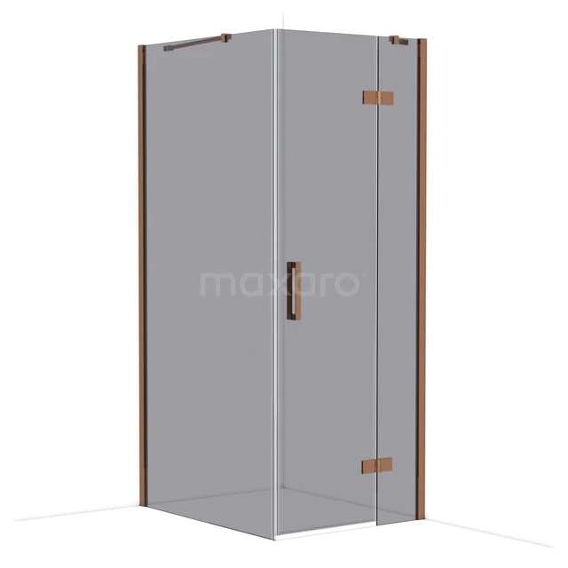 Glass shower cabin with corner shape, clear panels and bronze-coloured accents, perfect for modern bathroom designs.