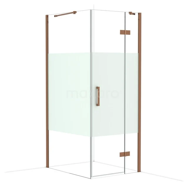 Shower cabin with corner entry, glass walls and wooden profiles. Modern design for a stylish bathroom.