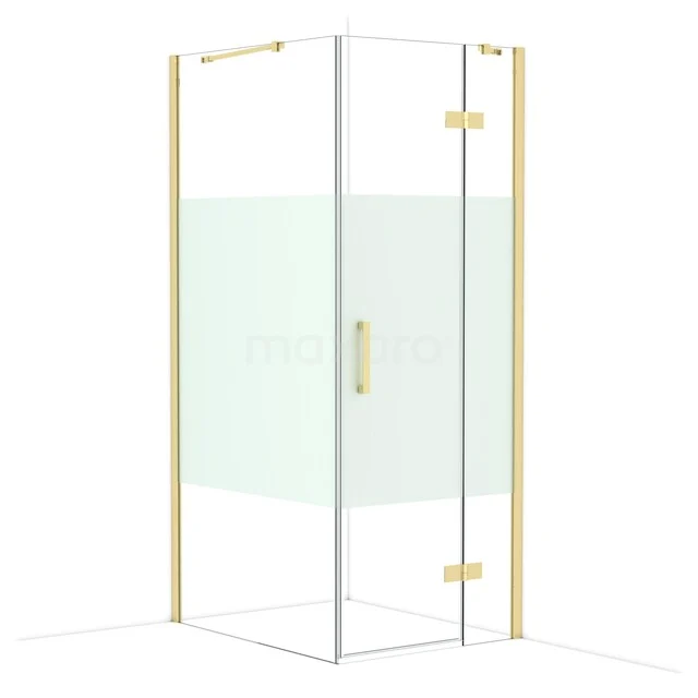 Diamond Shower enclosure | 100x80 cm Glossy light gold Clear with matt strip Pivot door Rectangle CDB223510413GLG Gouden douchecabine met glazen panelen, hoekig ontwerp en elegante afwerking, perfect voor een luxueuze badkamerstijl.