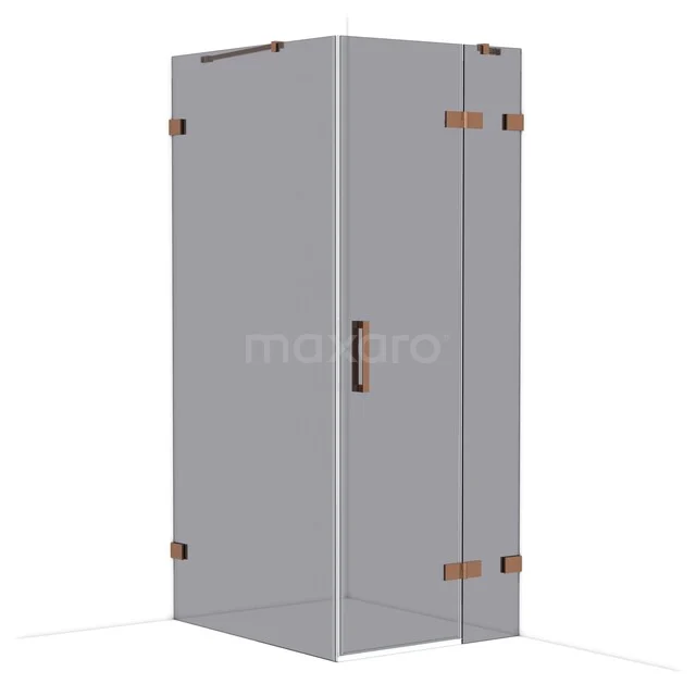 Square shower cabin, glass with a matte finish, rust-coloured hinges, ideal for modern bathroom designs.