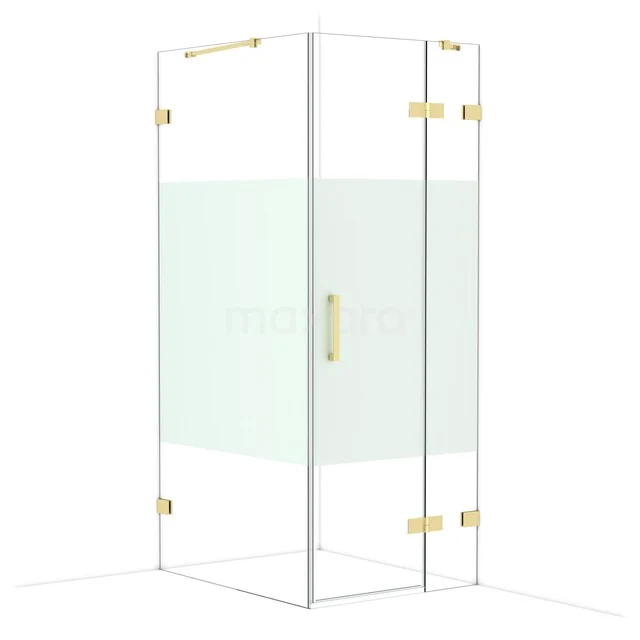 Diamond Shower enclosure | 100x80 cm Glossy light gold Clear with matt strip Pivot door Rectangle CDB223510423GLG Glazen douchecabine hoekmodel, transparant met matte strook, goudkleurige scharnieren en handgreep voor luxe badkamerstijl.