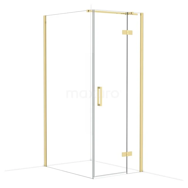Goldene Duschkabine mit Glaswänden und Tür, minimalistisches Design, perfekt für ein modernes Badezimmer.