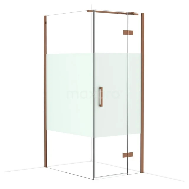 Shower cabin with stainless steel bronze accents, clear glass and matte panel, modern bathroom design.