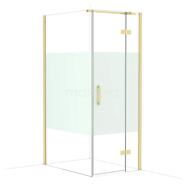 Glas Duschkabine mit Gold Akzenten, Eckmodell und Mattglas, perfekt für eine luxuriöse Badezimmerausstrahlung.