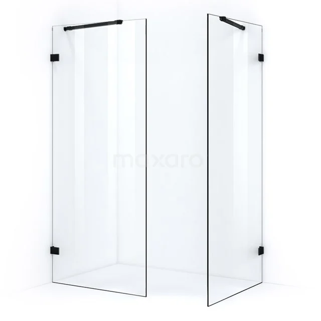 Shower enclosure made of clear glass with black hinges, corner model, perfect for a modern bathroom.