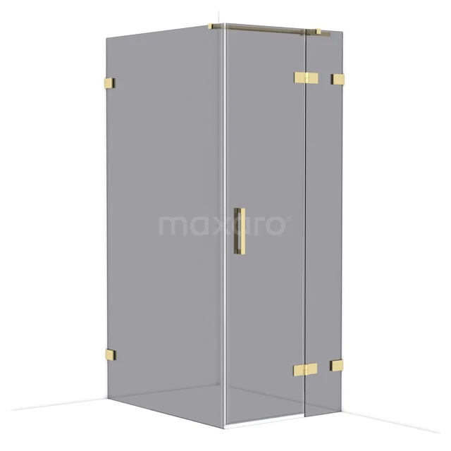 Glass shower cabin with gold-coloured hinges and handle, modern design suitable for any bathroom.