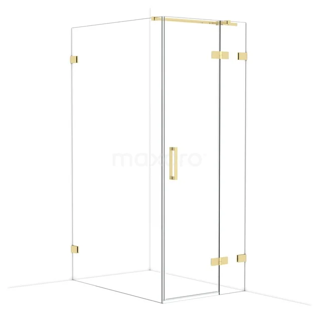 Glass shower cabin with gold accents, sleek design and corner layout, ideal for a modern bathroom.
