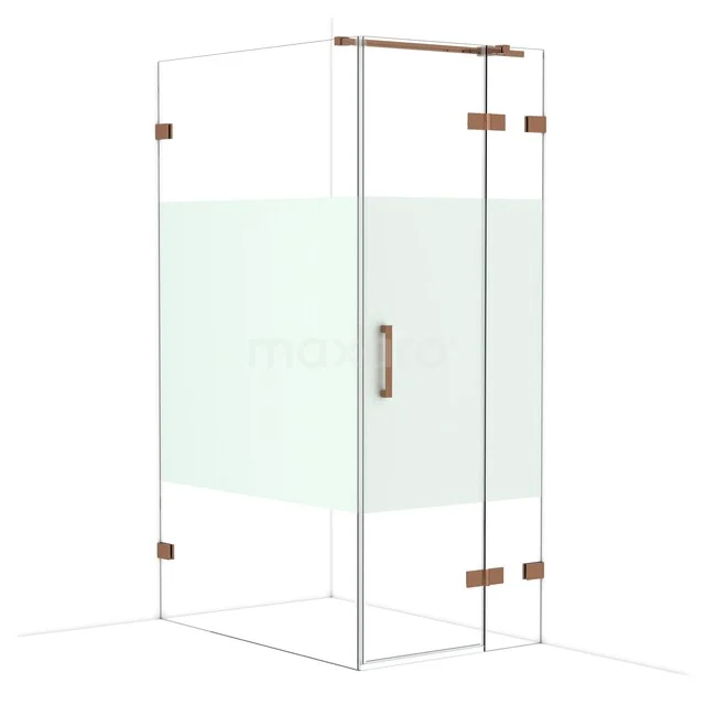 Shower cabin with glass walls, matte white decorative panel and brass accents, perfect for a stylish bathroom.