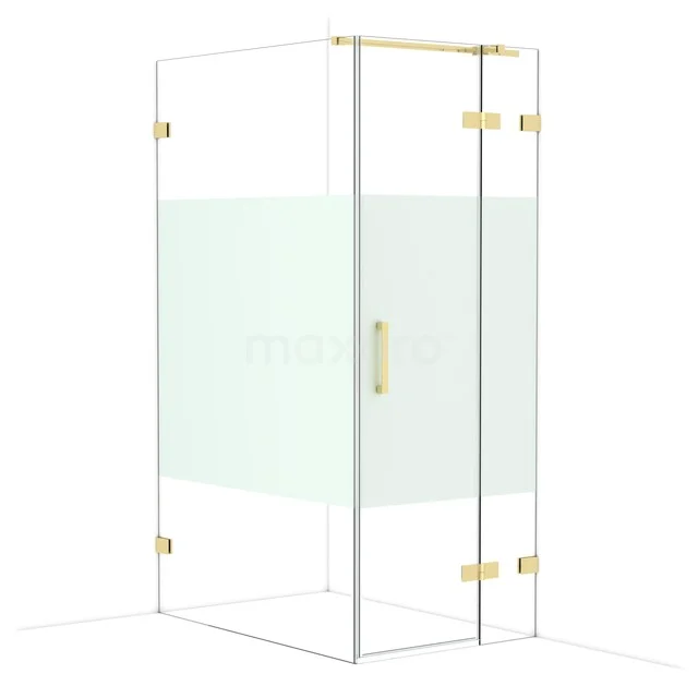 Glass shower cabin with gold accents, sleek design. Perfect for a modern bathroom decor.