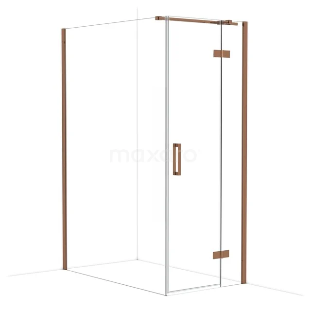 Glazen douchecabine met koperen details, hoekmodel, strak design geschikt voor moderne badkamers.