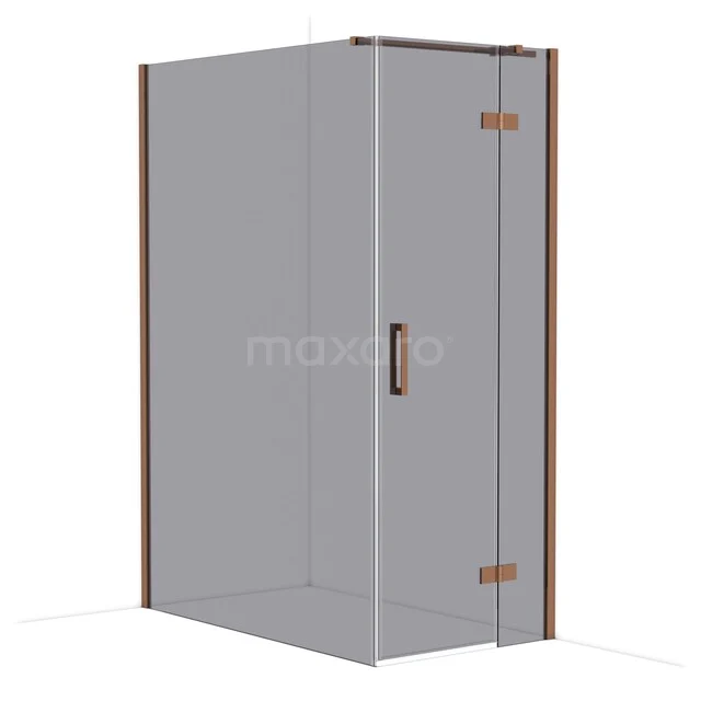 Glass shower wall with corner door in minimalist design, transparent glass and copper-coloured accents for a modern bathroom.