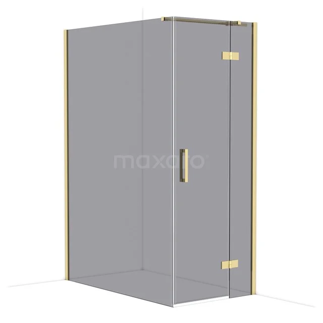 Eckdusche mit Glastüren, goldfarbenen Scharnieren und Haltegriff, ideal für eine luxuriöse Badezimmergestaltung.