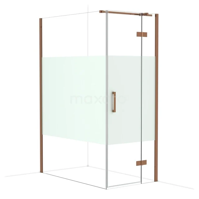 Diamond Shower cabin | 140x80 cm Shiny copper Clear with matt strip Pivot door Rectangle CDB223514313GKP Glass shower wall with door, frosted glass finish, rose gold frame, modern bathroom style.