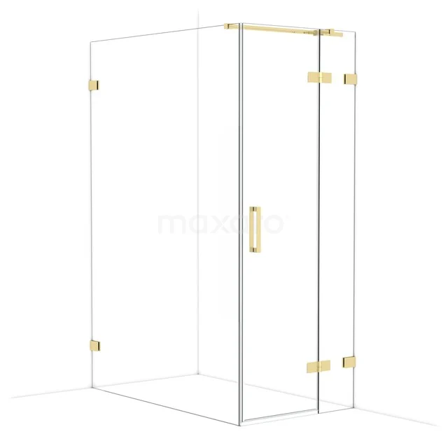 Glas Duschkabine mit Gold Details, Eckmodell, modernes Design und geeignet für luxuriöse Badezimmerinterieur.