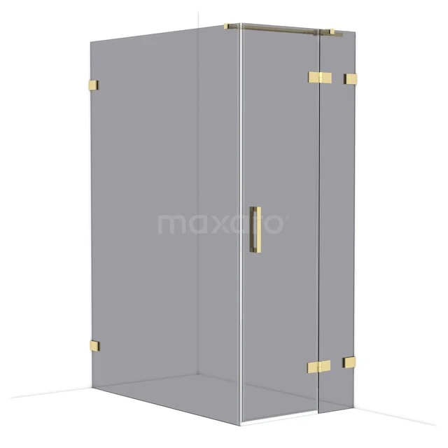 Glass shower cabin with gold-coloured hinges and handle, modern design, perfect for a luxury bathroom decor.