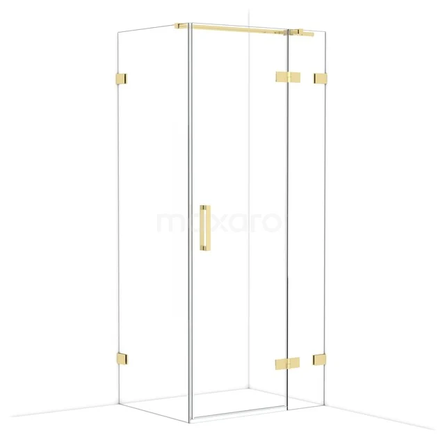 Douchecabine vierkant, helder glas met gouden beslag, luxe afwerking voor moderne badkamer.