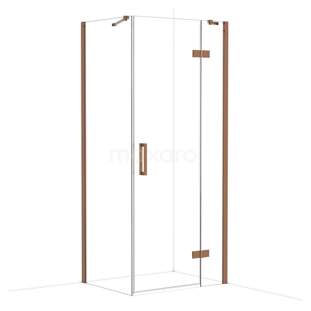 Glass shower cabin with copper-coloured accents and angular shape, design for a modern bathroom.