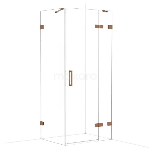 Glass shower cabin with copper-coloured hinges and handle, sleek design, ideal for a modern bathroom.