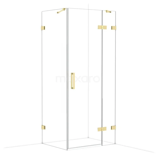 Glass shower cabin with gold-coloured hinges and handles, modern design for a stylish bathroom.