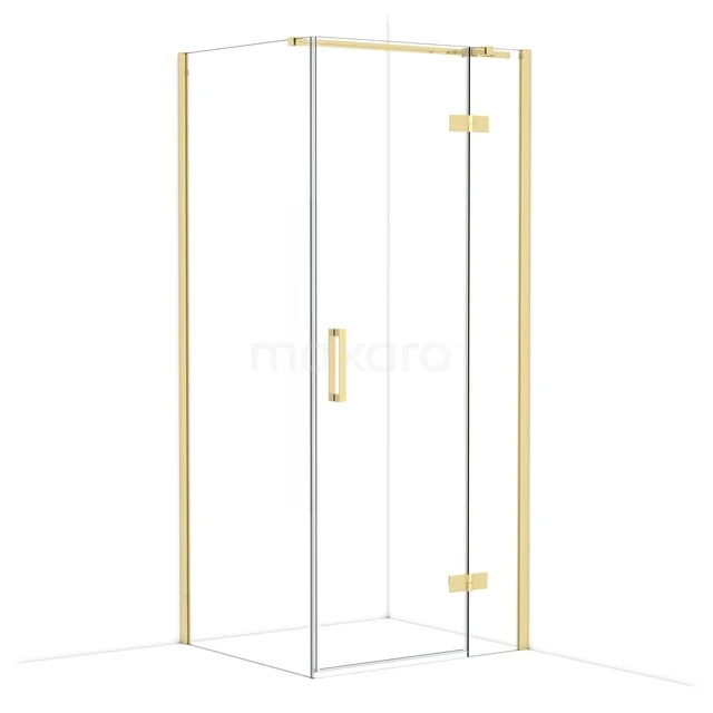 Glazen douchecabine met goudkleurig frame en deurknop, modern ontwerp, perfecte toevoeging aan luxe badkamers.