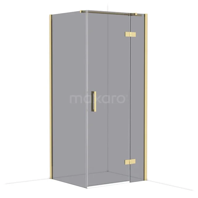 Corner shower cabin with golden accents, clear glass doors and sliding mechanism, perfect for a stylish bathroom.