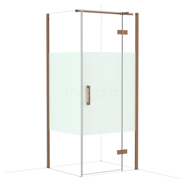 Diamond Shower cabin | 90x80 cm Shiny copper Clear with matt strip Pivot door Rectangle CDB223608313GKP Corner shower cabin with glass walls, wooden finish and metal handle; modern bathroom style.